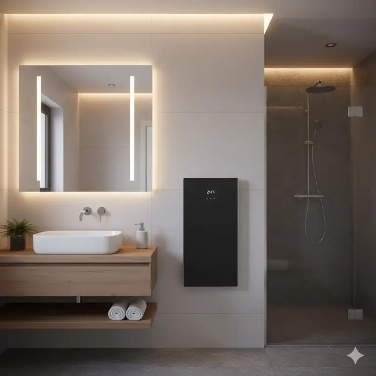 A modern bathroom with a wall-mounted heater unit installed near a sleek vanity, offering warmth and comfort.