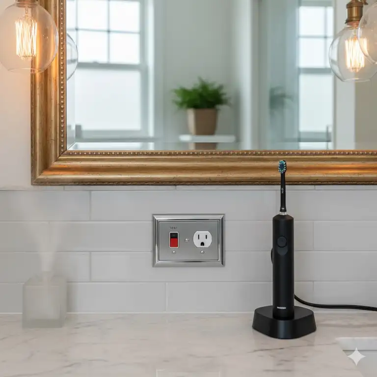 GFCI protected bathroom outlet properly installed near a mirror and vanity.