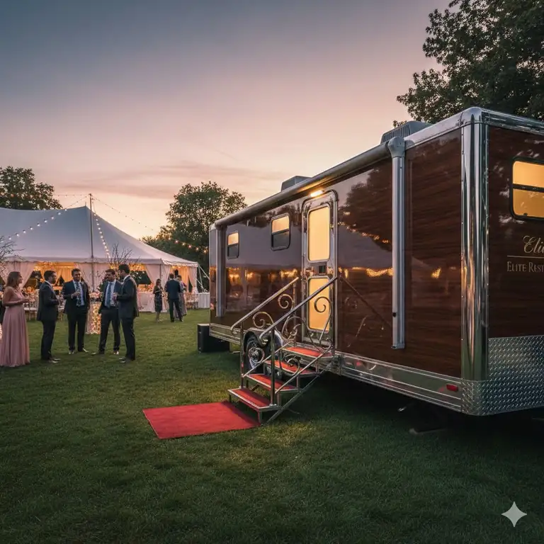 Luxury bathroom trailer rental unit showcasing high-end finishes for events.