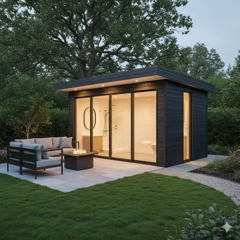 A luxurious, modern backyard shed with bathroom, showing a premium design for a guest house or home office.
