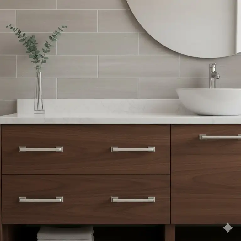 Modern dark wood vanity with brushed nickel D-bar style bathroom unit handles that enhance the overall contemporary aesthetic.