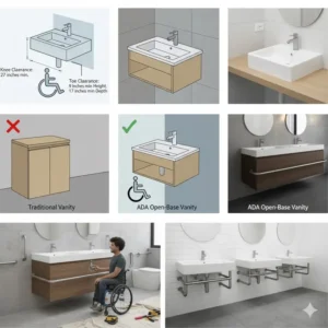Diagram illustrating the required knee and toe clearance dimensions underneath an ada bathroom vanity for accessibility standards.