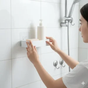 Easy, no-drill installation of an adhesive caddy, providing extra shower shelf bathroom storage in a rented space.