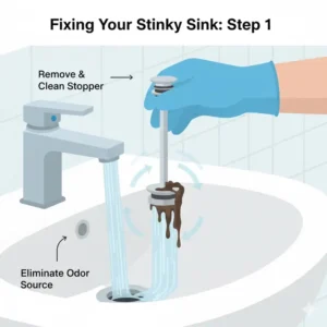 A diagram showing how to remove and clean a pop-up drain stopper to eliminate the source when your bathroom sink stinks.