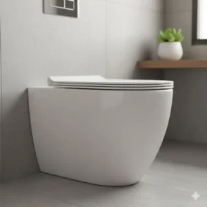 Close-up rendering of a modern, low-profile toilet prop asset pack for use in Daz Studio bathroom scenes.
