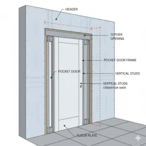 Diagram illustrating the pocket door installation in bathroom rough opening, showing the required header and vertical studs.