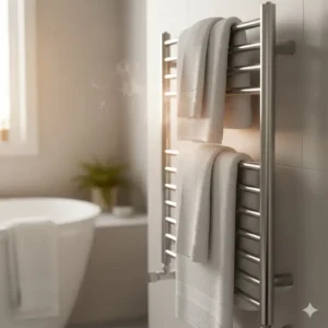 A chrome towel warmer installed in a modern bathroom with heater for pre-warming towels.