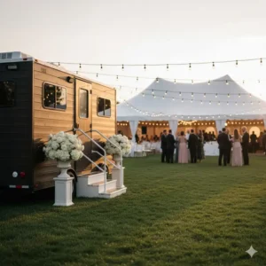 Elegant portable restroom setup for a wedding needing a bathroom trailer rental.