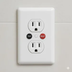 Close-up of a standard white GFCI outlet, highlighting the "Test" and "Reset" buttons for safety in bathroom outlets.