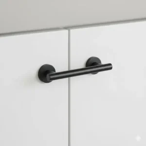 Close-up view of a sleek matte black T-bar design, a popular choice for bathroom unit handles on minimalist white cabinetry.