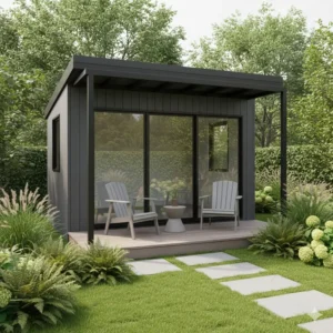 Exterior view of a modern studio-style shed with bathroom featuring a small attached porch and stylish dark siding.