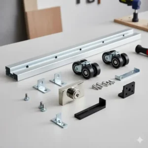 Close-up view of a complete bathroom pocket door hardware kit, including the roller assembly, track, and floor guide.