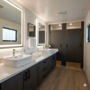 Clean and spacious interior of a portable bathroom trailer rental with modern amenities.