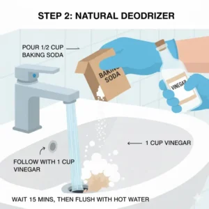 A person pouring a mixture of baking soda and vinegar down a drain as a natural deodorizing fix when the bathroom sink stinks.