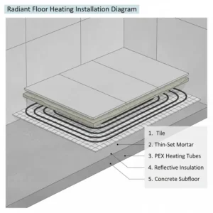 Diagram showing radiant floor heating installation layers for a comfortable bathroom with heater.