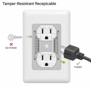 Diagram showing how a tamper-resistant receptacle works inside a bathroom to prevent shock from bathroom outlets.