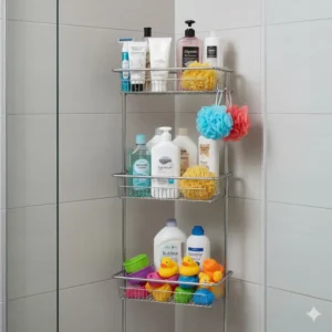 This practical 3-tier stainless steel shower shelf bathroom basket offers maximum vertical storage capacity for a family.