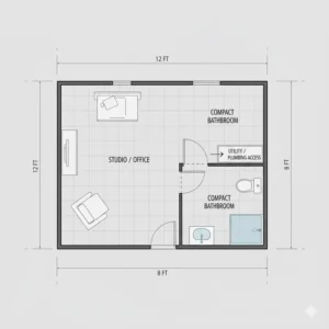 Floor plan illustrating the interior layout of a shed studio, clearly allocating space for a main room and a compact shed with bathroom area.