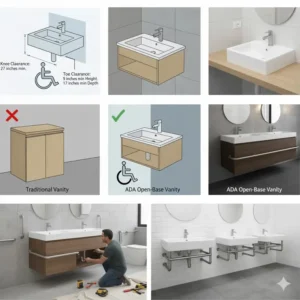 Close-up view of the shallow basin sink and easy-to-use lever handle faucet controls on an ada bathroom vanity.