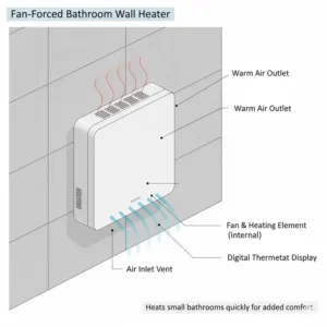 Compact fan-forced wall heater unit installed in a small bathroom with heater.