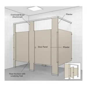 Diagram illustrating a standard floor-anchored, overhead-braced bathroom stall doors installation, the most common and economical partition style.