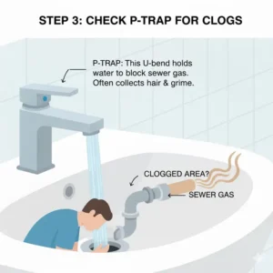 An illustration of the P-trap pipe beneath a sink, highlighting potential clogs and water seal issues causing the bathroom sink stinks.