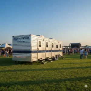 A large capacity bathroom trailer rental unit suitable for big festivals and events.