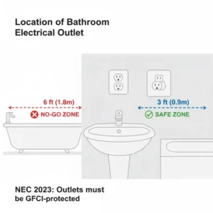 Schematic illustrating the safe minimum distance requirements for bathroom outlets from a sink or tub.