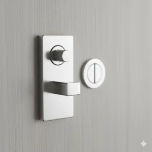 Detailed image of a flush-mount privacy latch and pull handle, specifically designed as a privacy lock for bathroom pocket door.