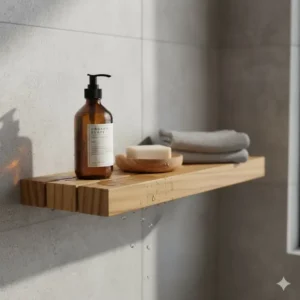 Close-up of a durable, water-resistant teak wood unit, providing a natural aesthetic to the shower shelf bathroom.
