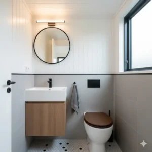 Close-up of a compact, minimalist design for the interior of a shed with bathroom, focusing on space-saving fixtures like a corner sink.