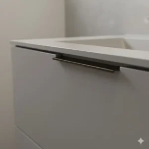 Detailed shot of a seamless, concealed finger pull integrated into the top edge, offering handleless style bathroom unit handles.