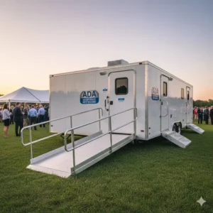 ADA-compliant restroom with ramp access, available as a bathroom trailer rental.