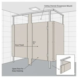 Modern ceiling-hung bathroom stall doors providing an open floor plan for easier cleaning and a contemporary, minimalist aesthetic.