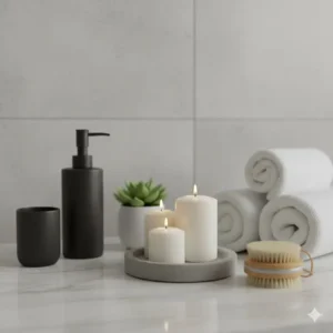 A collection of small bathroom accessory props, including soap dispensers, candles, and brushes, to add fine detail to any Daz Studio render.