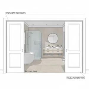 Architectural illustration of double pocket doors for master bathroom suite, providing a wide, elegant entry.