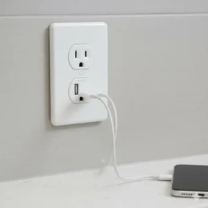 Modern bathroom outlet with integrated dual USB ports for charging mobile devices safely.
