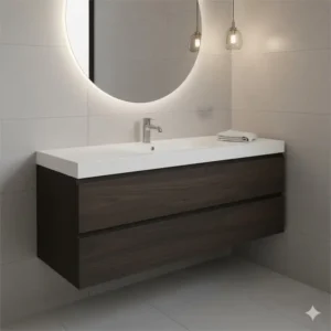 Contemporary floating ada bathroom vanity in a dark wood finish, showing accessible height and clear floor space.