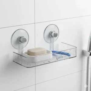 Clear image of a small, adjustable suction cup organizer, a compact and practical shower shelf bathroom option.