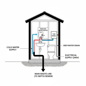 Technical illustration detailing the plumbing and utility hookup process required to install a functional shed with bathroom.