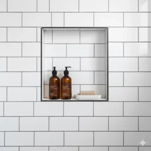 A modern, recessed built-in niche designed into a subway-tiled wall, serving as a permanent shower shelf bathroom solution.