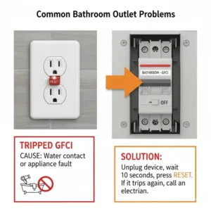 Image showing a tripped GFCI outlet in a bathroom and a sign explaining why the breaker tripped affecting bathroom outlets.