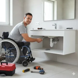Home renovation image showing an accessible bathroom featuring a newly installed ada bathroom vanity ready for use.