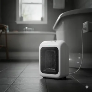 A small, safety-certified portable heater on the floor of a cold bathroom with heater.
