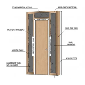 Cross-section diagram showing techniques for soundproofing a bathroom pocket door assembly, including foam insulation inside the wall cavity.