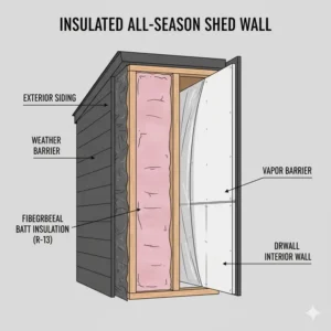 Cross-section diagram showing the proper insulation techniques needed to make an all-season shed with bathroom comfortable year-round.