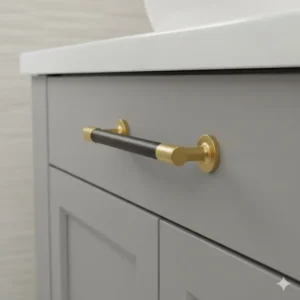 Stylish two-tone (brass and black) decorative hardware used as striking bathroom unit handles on a grey shaker-style vanity.