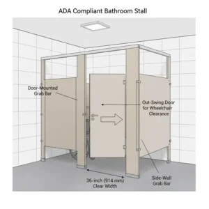ADA compliant bathroom stall doors dimensions, showing the required width and out-swing configuration for accessibility and wheelchair clearance.