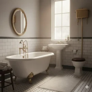 A rendered scene featuring vintage or antique-style bathroom props, such as a clawfoot tub and brass fittings, for Daz Studio users seeking a classic look.