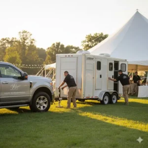 Delivery and setup service for a temporary bathroom trailer rental at an event location.
